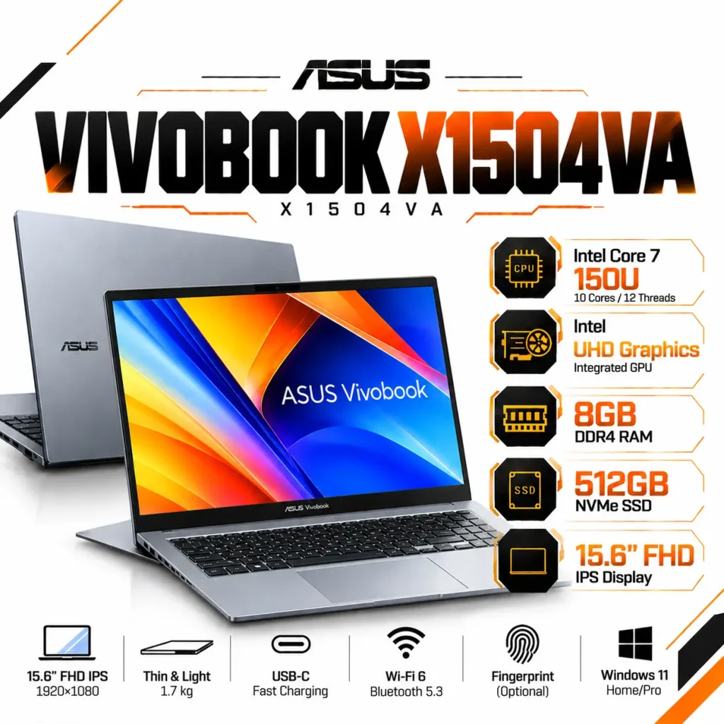 لپ تاپ ایسوس Vivobook X1504VA Core 7 150U Intel UHD رم 8GB DDR4